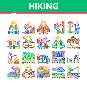 Hiking Extreme Tourism Collection Icons Set Vector. Hiking Tourist And Bard With Guitar, Fisherman And Photographer, Camp And Waterfall Concept Linear Pictograms. Color Illustrations