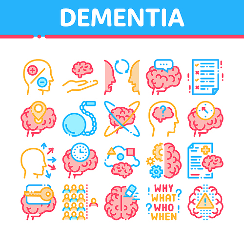 Dementia Brain Disease Collection Icons Set Vector. Dementia Mind Degenerative Illness, Memory Loss And Poor Speech Pronunciation Concept Linear Pictograms. Color Illustrations