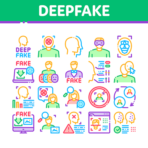 Deepfake Face Fake Collection Icons Set Vector. Human Face Research And Change, Computer Video Analysis And Downloading Image Concept Linear Pictograms. Color Illustrations