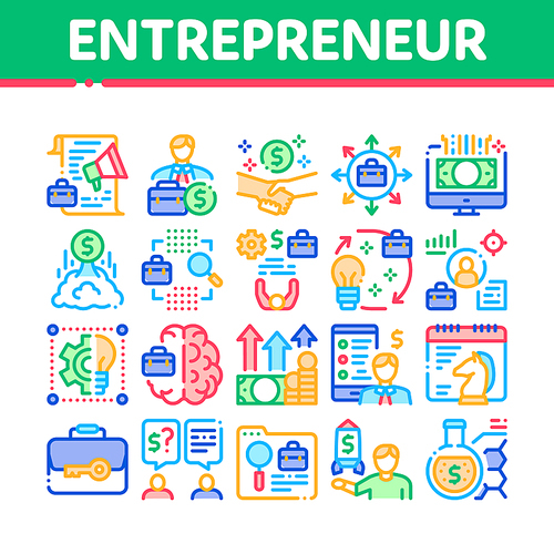Entrepreneur Business Collection Icons Set Vector. Entrepreneur Businessman And Agreement, Idea And Work, Money Growth Arrow And Case Concept Linear Pictograms. Color Illustrations