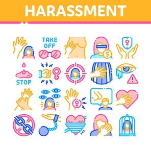 Sexual Harassment Collection Icons Set Vector. Victim And Woman Sexual Harassment, Molestation And Assault, Violent And Inappropriate Concept Linear Pictograms. Color Illustrations