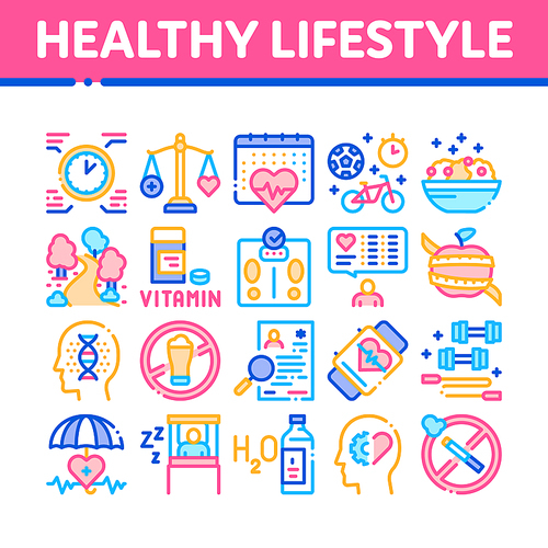 Healthy Lifestyle Collection Icons Set Vector. Healthy Food Dish And Vitamin Pills, Sport And Walking, Non-alcohol And Non-smoking Concept Linear Pictograms. Color Illustrations
