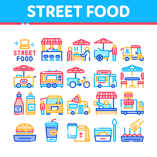 Street Food And Drink Collection Icons Set Vector. Food Truck And Bicycle, Cart And Stand, Burger And Sauce Bottles, Catering Service Concept Linear Pictograms. Color Illustrations