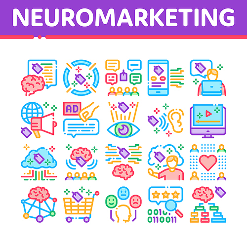 Neuromarketing Business Strategy Icons Set Vector. Neuromarketing Technology And Research Binary Code, Worldwide Marketing And Buy Cart Concept Linear Pictograms. Color Illustrations