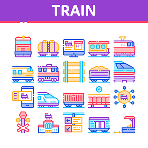 Train Rail Transport Collection Icons Set Vector. Electrical Passenger And Freight Train, Railway Station And Platform, Carriage And Ticket Concept Linear Pictograms. Color Illustrations