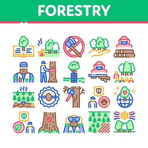 Forestry Lumberjack Collection Icons Set Vector. Forestry Working Equipment And Tree Safe Fence, Animal And Forest Protection Concept Linear Pictograms. Color Illustrations