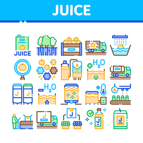 Juice Production Plant Collection Icons Set Vector. Juice Package And Bottle, Fruit In Box And Tree Garden, Factory Conveyor And Packaging Concept Linear Pictograms. Color Illustrations