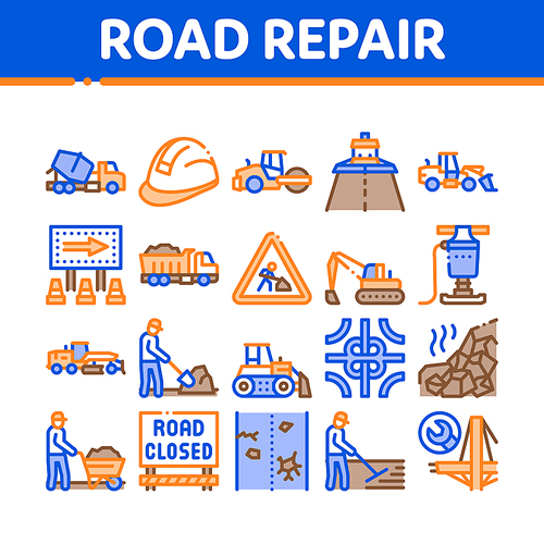 Road Repair And Construction Icons Set Vector. Road Repair And Maintenance Equipment, Builder Protect Helmet And Cart, Bulldozer And Truck Concept Linear Pictograms. Color Illustrations