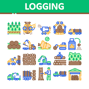 Wood Logging Industry Collection Icons Set Vector. Forest Material Logging Transportation And Storaging, Lumberjack Cutting Tree Concept Linear Pictograms. Color Illustrations