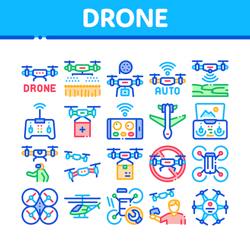 Drone Fly Quadrocopter Collection Icons Set Vector. Drone Remote Control And Smartphone Application, Helicopter And Air Plane Concept Linear Pictograms. Color Illustrations