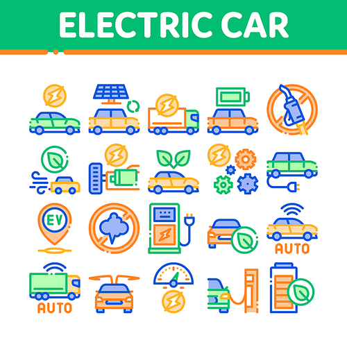 Electric Car Transport Collection Icons Set Vector. Electrical Car And Truck, Battery Charging And Vehicle Repair, Ecology Transportation Concept Linear Pictograms. Color Illustrations