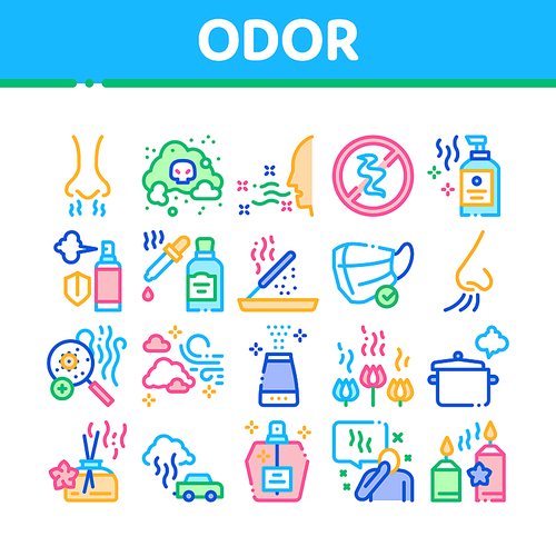 Odor Aroma And Smell Collection Icons Set Vector. Nose Breathing Aromatic Odor And Clean Air, Perfume And Oil Bottle, Facial Mask And Candle Concept Linear Pictograms. Color Illustrations