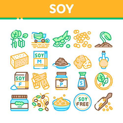 Soy Bean Food Product Collection Icons Set Vector. Agricultural Harvester Harvesting On Farm And Milk Package, Soy Sauce Bottle And Plant Concept Linear Pictograms. Color Illustrations
