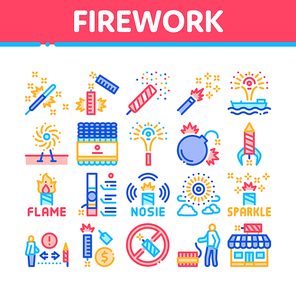 Firework Pyrotechnic Collection Icons Set Vector. Flash rocket And Salute, Christmas Explosive Firework And Festival Lights, Concept Linear Pictograms. Color Illustrations