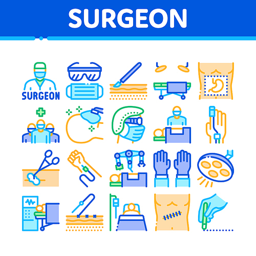 Surgeon Medical Doctor Collection Icons Set Vector. Surgeon Facial Mask And Glasses, Scalpel And Forceps, Surgical Table And Lamp Concept Linear Pictograms. Color Contour Illustrations