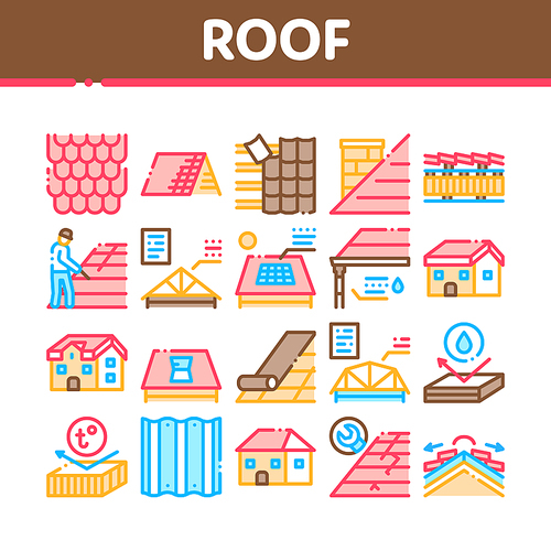 Roof Housetop Material Collection Icons Set Vector. House Roof Waterproof And Temperature Heat Resistant Construction, Repair And Installation Concept Linear Pictograms. Color Contour Illustrations