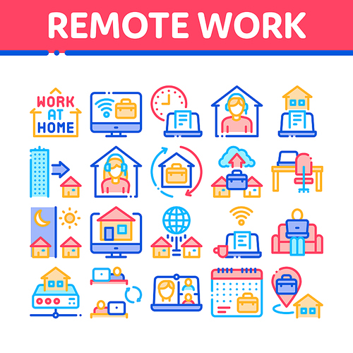 Remote Work Freelance Collection Icons Set Vector. Work At Home, Internet Job And Online Consultation Operator, Teleworking And Conference Concept Linear Pictograms. Color Contour Illustrations