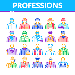 Professions People Collection Icons Set Vector. Policeman And Farmer, Fireman And Soldier, Businessman And Businesswoman, Barber And Builder Concept Linear Pictograms. Color Contour Illustrations