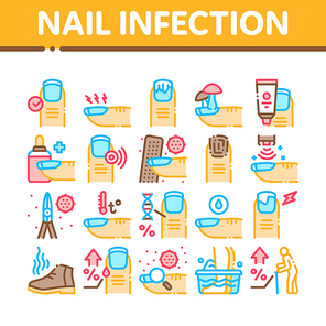 Nail Infection Disease Collection Icons Set Vector. Nail Infection And Treatment, Virus And Research, Smell Boot And Feet Wash Concept Linear Pictograms. Color Contour Illustrations