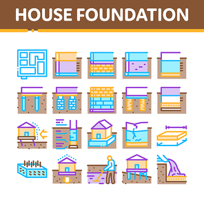 House Foundation Base Collection Icons Set Vector. Concrete And Brick Building Foundation, Broken And Rickety Basement, Plan And Size Concept Linear Pictograms. Color Contour Illustrations