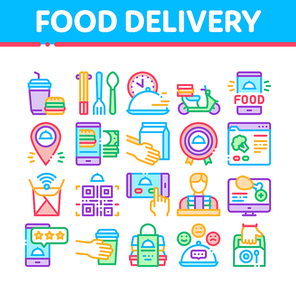 Food Delivery Service Collection Icons Set Vector. Food Delivery Boy And Motorcycle, Online Order And Phone Application, Utensil And Nutrition Concept Linear Pictograms. Color Contour Illustrations