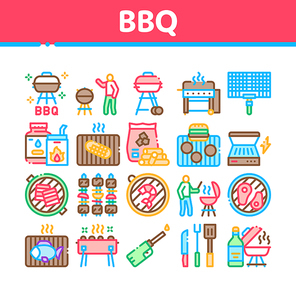 Bbq Barbecue Cooking Collection Icons Set Vector. Bbq Fried Meat And Shrimp, Fish And Bacon, Utensil And Gas Lighter, Grid And Wood Stick Concept Linear Pictograms. Color Contour Illustrations