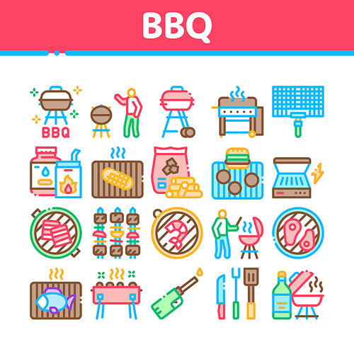 Bbq Barbecue Cooking Collection Icons Set Vector. Bbq Fried Meat And Shrimp, Fish And Bacon, Utensil And Gas Lighter, Grid And Wood Stick Concept Linear Pictograms. Color Contour Illustrations