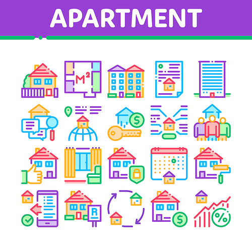 Apartment Building Collection Icons Set Vector. Apartment Floor Plan Architectural Project And House, Real Estate Agreement And Key Concept Linear Pictograms. Color Contour Illustrations