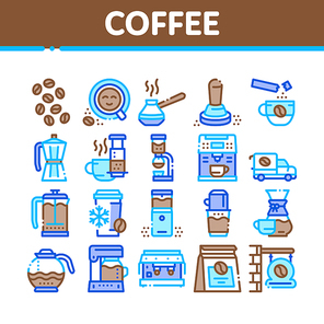 Coffee Energy Drink Collection Icons Set Vector. Coffee Beans And Package, Grinder And Machine For Make Beverage, Cup And Pot Concept Linear Pictograms. Color Contour Illustrations