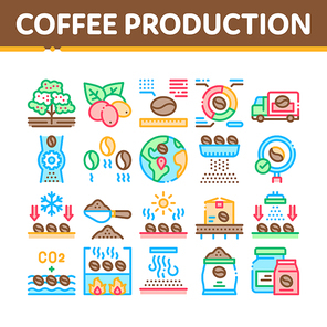 Coffee Production Collection Icons Set Vector. Coffee Production Factory And Conveyor, Roasted Beans And Tree, Truck Delivery And Package Concept Linear Pictograms. Color Contour Illustrations