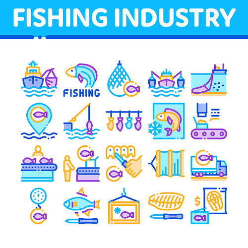 Fishing Industry Business Process Icons Set Vector. Fishing Industry Processing, Boat With Catch, Fish Drying And Froze, Factory Conveyor Concept Linear Pictograms. Color Contour Illustrations
