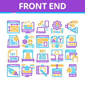 Front End Development Collection Icons Set Vector. Front End It Sphere, Html And Css Code, Internet Web Site Design And Painting Concept Linear Pictograms. Color Contour Illustrations