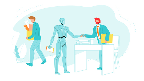 Dismissed Worker Leave Office With Supplies Vector. Dismissed Character With Box And Robot Handshake Director Or Employee, Artificial Intelligence, Human Vs Robots. Flat Cartoon Illustration