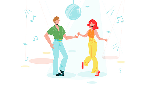 Boy And Girl Dancing Funk Dance Vector. Dancer Young Man And Woman Dancing Hip Hop, Disco Sphere And Sound Notes On Background. Music Club, Active Lifestyle Flat Cartoon Illustration
