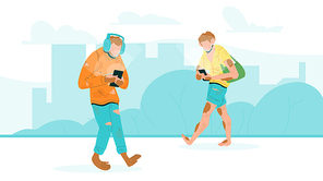 Humanity Degradation With Phone Walking Vector. Characters Human Men Walk On Street And Looking At Smartphone And Wearing Earphones. Gadget Addiction Problem Flat Cartoon Illustration