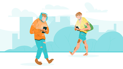 Humanity Degradation With Phone Walking Vector. Characters Human Men Walk On Street And Looking At Smartphone And Wearing Earphones. Gadget Addiction Problem Flat Cartoon Illustration
