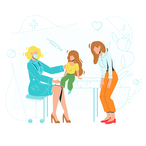 Mother With Child Baby In Pediatric Clinic Vector. Characters Woman With Little Girl Patient Visit Pediatric Doctor In Cabinet. Pediatrician Make Examination. Illness Treatment Flat Cartoon Illustration