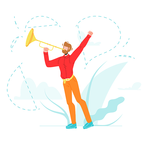 Trumpeter Play Musical Instrument Trumpet Vector. Character Man Playing Melody Musician Golden Trumpet, Orchestra Performer. Classical Symphony Music Performance Flat Cartoon Illustration