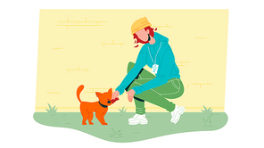 Woman Volunteer Feed Homeless Cat Vector. Young Girl Volunteer Working In Animal Shelter, Caring And Nourish Feeding Kitten Pet. Person Volunteering Flat Cartoon Illustration