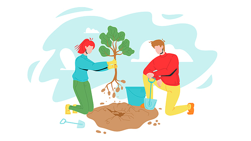 Man And Woman Volunteering Planting Tree Vector. Characters Boy And Girl Volunteers Gardening With Bucket And Shovel, Volonteering For Safe Environmental Ecology. Flat Cartoon Illustration