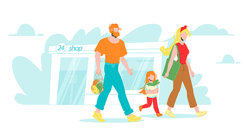family with groceries in zero waste bag vector. man father, woman mother and girl daughter going with fruits and vegetables in  natural zero waste package. characters flat cartoon illustration