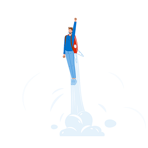 Man Businessman Fly With Jet Pack Booster Vector. Young Guy Start Flying With Booster Rocket Equipment. Character Aspiration Business Career Boost And Leadership Flat Cartoon Illustration