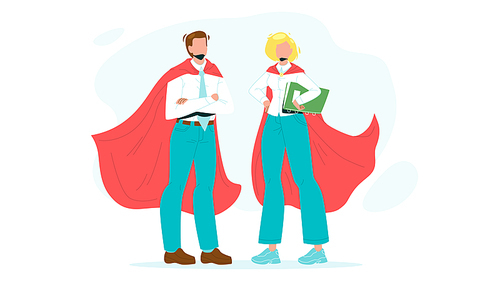Bravery Super Heroes Courage Man And Woman Vector. Bravery Boy Businessman And Girl Businesswoman Wearing Super Hero Costume And Red Cape. Daring Characters Flat Cartoon Illustration
