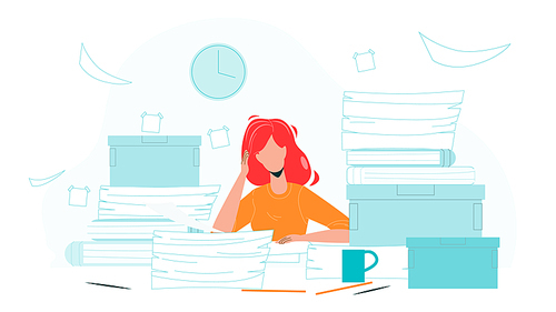 Woman Employee Clutter Office Workplace Vector. Girl Holding Head Sitting At Clutter Working Table With Paper Pile. Character Businesswoman Worker, Missing Deadlines Flat Cartoon Illustration