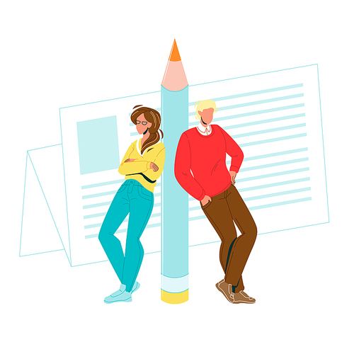Copywriters Man And Woman Leaned Pencil Vector. Copywriters Author Or Editors Document Or Newspaper List With Article On Background. Characters Journalist Flat Cartoon Illustration