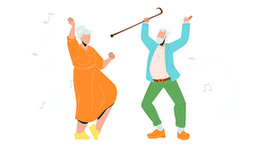 Elderly Couple Dancing Lifestyle Retirement Vector. Happy Senior Couple Grandfather And Grandmother Dance Together. Old People Relaxation And Active Time Characters Flat Cartoon Illustration