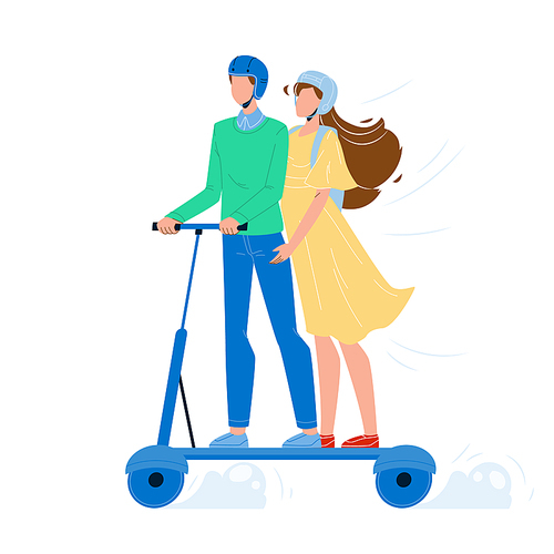 Man And Woman Riding Electrical Scooter Vector. Young Boy And Girl Couple Wearing Protection Helmet Ride Electric Scooter. Urban Alternative Ecology Transport Characters Flat Cartoon Illustration