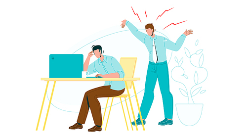 Employee Man Exhausted By Boss Screaming Vector. Tired Guy Sitting At Table And Holding Head Suffers From Headache, Depressed Or Exhausted By Loud. Characters Flat Cartoon Illustration