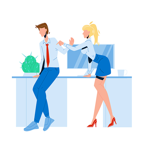 Woman Employee Harassment Man Colleague Vector. Young Girl Touching Sexual Harassment And Flirting With Boy. Character Businesswoman Sexually Harassing Businessman Flat Cartoon Illustration