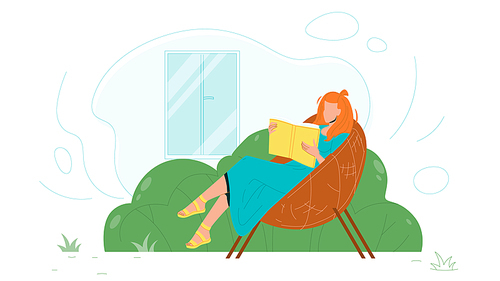 Woman Sit In Chair And Read Book In Patio Vector. Young Girl Sitting In Decorative Armchair And Reading Literature On Patio Relaxation Place. Character In Garden Flat Cartoon Illustration